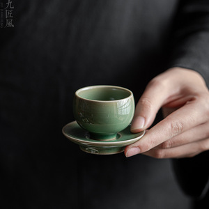 越窑青瓷小禅定杯复古品茗杯梅子青茶杯杯垫套装个人小杯
