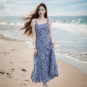 海边度假蓝色碎花吊带连衣裙女两件套春夏气质高级沙滩裙雪纺长裙