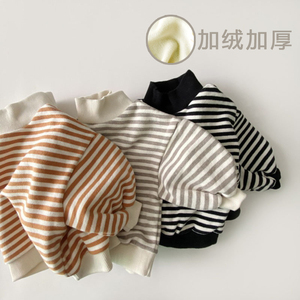 韩国秋冬款童装男女宝宝半高领卫衣加绒加厚条纹上衣婴幼儿童绒衫