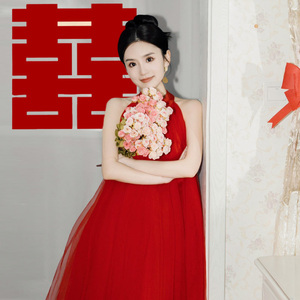 新中式红色晨袍女新娘敬酒服婚礼穿搭晨拍轻纱礼服长裙露背连衣裙