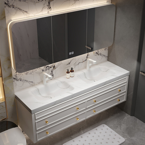 岩板热弯浴室柜一体盆现代美式洗手台实木双盆卫生间洗脸盆柜组合