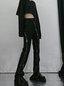 黑色休闲拉链裤子女小众设计感裤子高级显瘦高腰垂感微喇马蹄裤潮