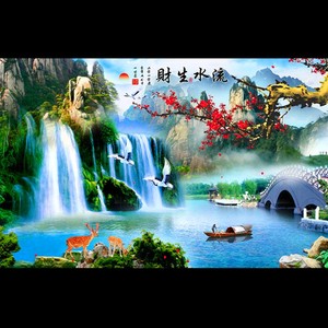 鱼缸壁纸背景纸高清5d外贴贴纸山水画流水生财挂画水族箱背景贴纸