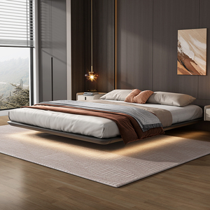 无床头悬浮床实木现代简约主卧意式极简榉木排骨架无靠背床双人床