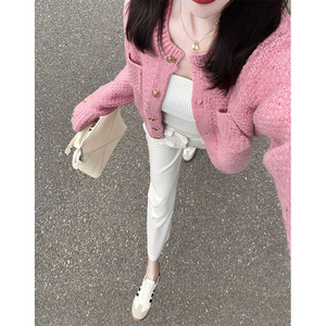 粉色小香风毛衣短款外套女深秋冬装搭配一整套高级感韩剧三件套装