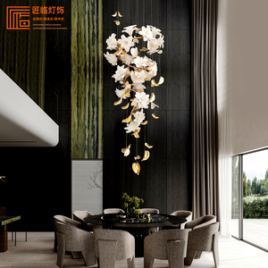 禅意新中式挑空客厅全铜大吊灯轻奢风法式复式楼客厅琉璃花朵灯具