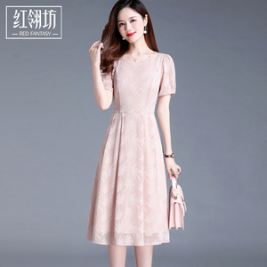 纯色雪纺短袖连衣裙女装夏季2024新款高级感优雅气质粉色连身裙子