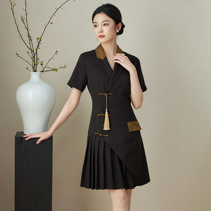 新中式改良西装领百褶裙夏季设计感时髦轻奢气质民国风女装连衣裙