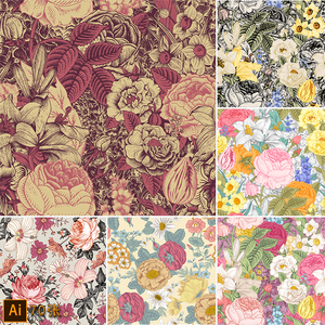 复古花卉花朵百合玫瑰菊花植物叶子拼接抱枕地毯服装印花矢量图片