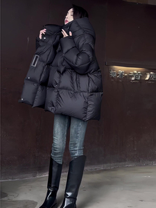 2023冬季新款黑色羽绒棉服女设计感韩版宽松连帽中长款棉衣外套潮