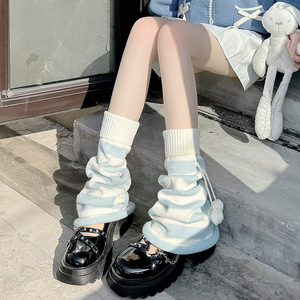 可爱毛球水色白蓝条纹腿套亚文化袜子女针织袜套jk喇叭阔腿堆堆袜