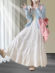 韩国chic甜美高腰显瘦拼接纯色半身裙女夏季中长款蛋糕裙大摆长裙
