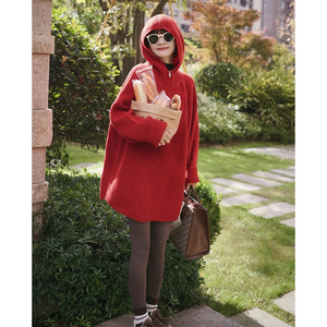 【清仓】红色毛衣女小红帽坑条法式复古简约拉链款式小众针织衫女