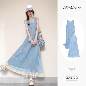 夏装搭配一整套韩系蓝色镂空针织罩衫背心连衣裙度假风叠穿两件套