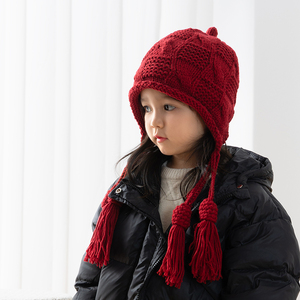 女童帽子秋冬款儿童毛线帽宝宝护耳帽流苏针织帽新年红色男童冬季