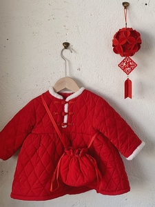 女童夹棉连衣裙秋冬儿童洋气红色过年拜年服宝宝加厚保暖公主裙子