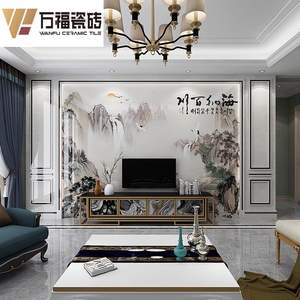 新中式电视背景墙瓷砖微晶石现代简约客厅大理石边框装饰 山水画