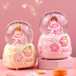 新款樱花女孩水晶球飘雪花带灯八音盒送女生礼物桌面装饰可爱摆件