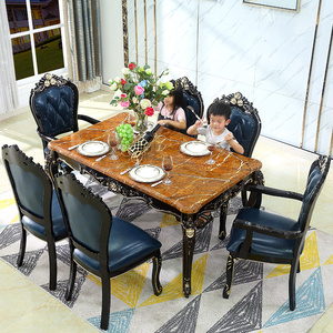欧式实木餐桌长方形1.5米一桌6椅家用大理石雕花客厅家具新古典