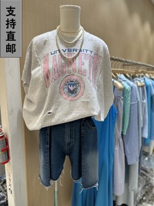 NEROLI 36韩国女装代购圆领做旧破洞徽章字母宽松无袖卫衣T恤背心