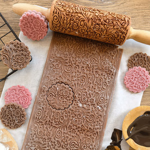 欧式复古风月季花饼干印花擀面杖陶艺手工泥土压花棒烘焙DIY模具