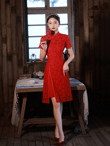 伊绸2024新款复古红色中式显瘦高端蕾丝奥黛旗袍日常高级感连衣裙