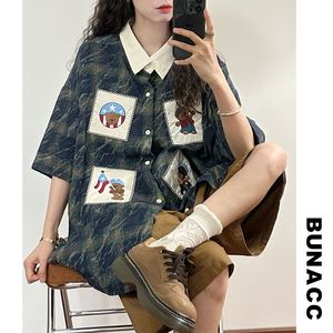 BUNACC2024年夏季美式复古趣味刺绣格纹设计感半袖衬衫polo上衣女