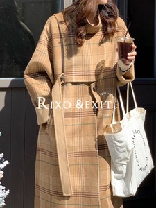 RIXO EXIT法式美拉德风英伦长款竖条纹格子双面羊绒大衣女冬季