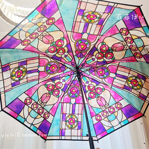 高颜值浪漫氛围暴雨网红拍照复古彩绘玻璃长柄自动彩虹透明雨伞女