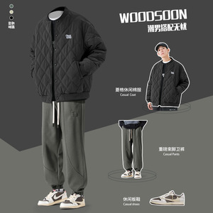 WOODSOON套装卫裤冬季工装男士束脚长裤菱格棉服加厚保暖棒球外套