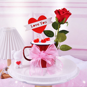 520珍珠LOVE蛋糕装饰插件玫瑰花生日烘焙摆件红丝带白色网纱围边