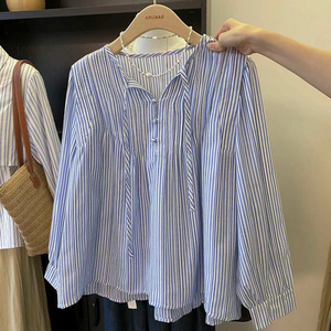 『蓝色海岸』韩国东大门新款法式条纹衬衫女秋设计感系带别致上衣