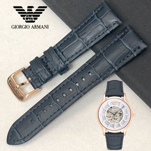 阿玛尼真皮牛皮机械表手表带男代原装ar1947蓝色竹节纹针扣款表链