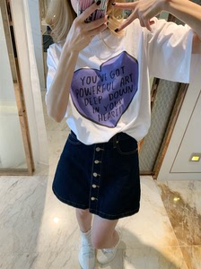 韩国东大门夏季纯棉百搭可爱紫色字母印花大爱心短袖休闲白T恤女