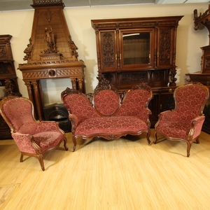 皇狮堡西洋古董 1910年左右荷兰制作玫瑰木框架布艺沙发三件套