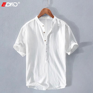 棉麻T恤男士夏季薄款复古亚麻短袖体恤中国风白色POLO衫立麻衬衫