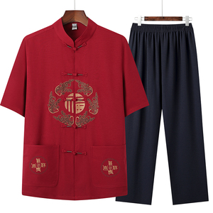 中国风唐装男夏季中老年人棉麻薄款短袖套装红色生日过寿爷爷衣服