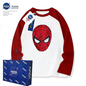 NASA蜘蛛侠儿童纯棉长袖T恤男童早春装撞色亮片翻转变色短袖上衣