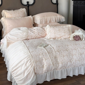 法式蕾丝玫瑰床上长绒棉四件套全棉纯棉140S公主风被套床单床品4