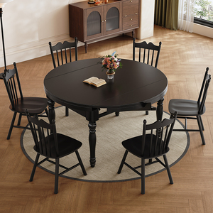 美式复古实木餐桌伸缩可变圆桌折叠饭桌小户型黑色法式方圆两用