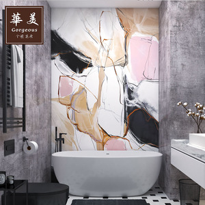 抽象油画卫生间瓷砖现代简约3d马桶背景墙浴室洗手间淋浴房微晶石