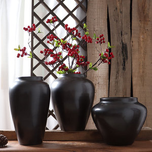 现代创意黑色陶瓷花瓶客厅摆件电视柜美式干插花瓷器创意家居饰品