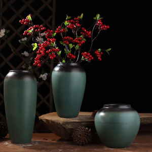 新中式花瓶摆件孔雀绿颜色釉陶瓷花器家居软装饰品样板间配饰摆设