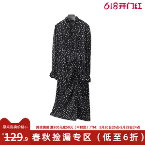 高货599元木系列长袖雪纺黑点印花过膝连衣裙当季春装新品女装折