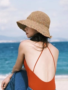 【好开心呀】漂亮女孩旅游沙滩帽草编大帽檐遮阳帽夏季透气渔夫帽