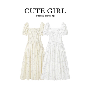 CuteGirl韩式波点泡泡袖A字连衣裙女夏季方领气质显瘦百搭长裙子