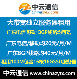 100M大带宽服务器租用广东深圳中山电信移动BGP多线独立IP机房