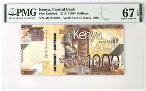｛PMG｝全新UNC 肯尼亚1000先令纸币 2019年（67分 靓号豹子号888
