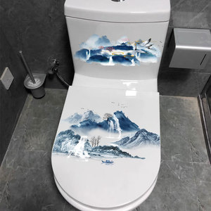 创意中国风山水画马桶盖翻新装饰贴画卫生间厕所防水马桶贴纸自粘