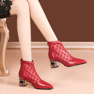 真皮镂空网靴红色粗跟高跟夏季靴子女士凉鞋短靴透气凉靴春秋单靴
